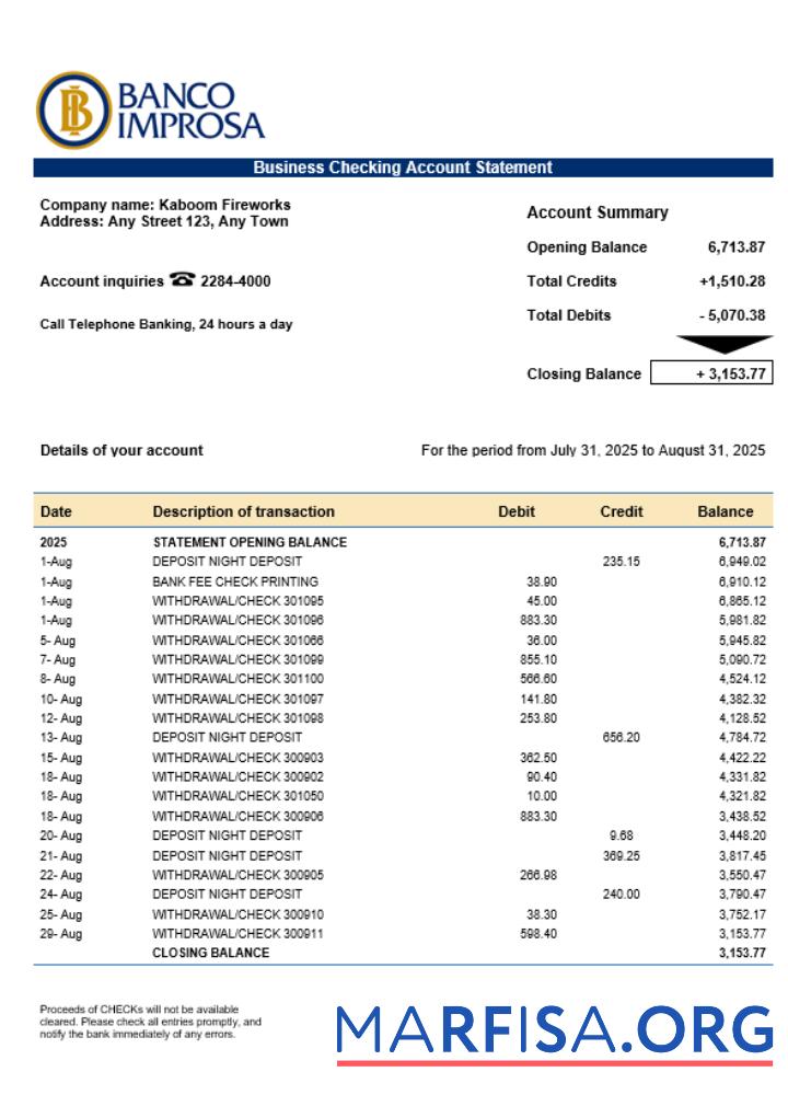 Downloadable Costa Rican Banco Improsa bank firm account statement Word and PDF template